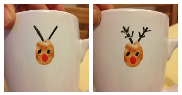 Try these fun Dishwasher safe Reindeer thumbprint mugs for the holidays. They are perfect for family gifts to grandparents.