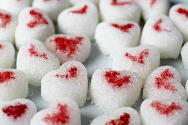 painted heart shaped sugar cubes