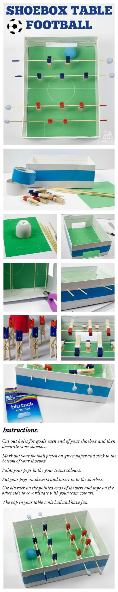 Shoebox table football/foosball game. This fab DIY football or foosball table is perfect for making with the kids and having loads of fun with. This is a super fun DIY craft that uses recyclables and perfect for kids.