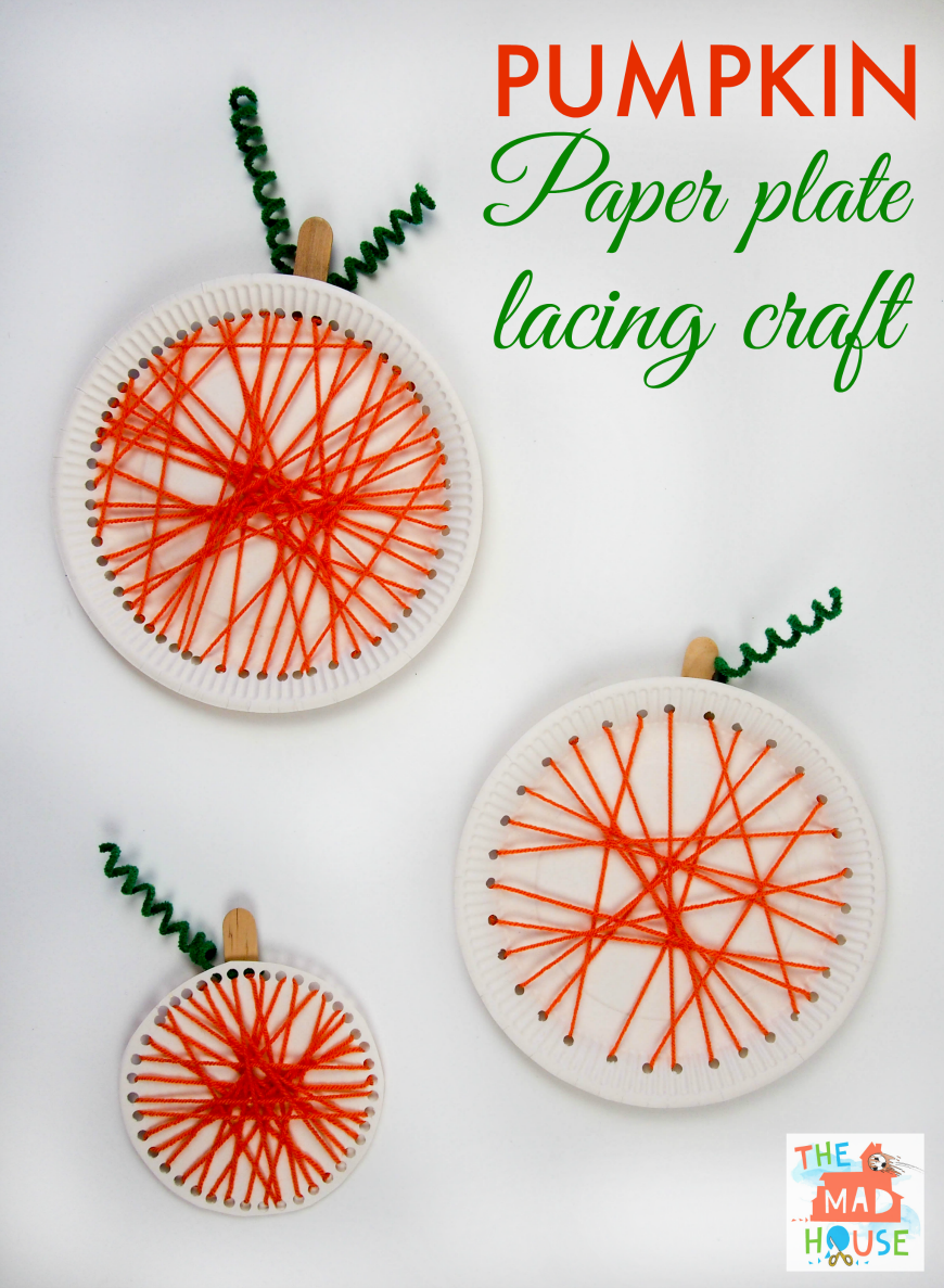 Pumpkin paper plate lacing craft, this simple yarn craft is perfect for children and makes stunning seasonal art