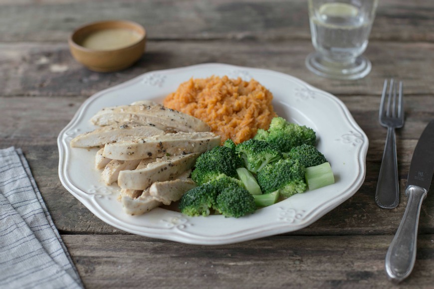 Pan-Fried Chicken Breast with Sweet Potato Mash & Peppercorn Sauce