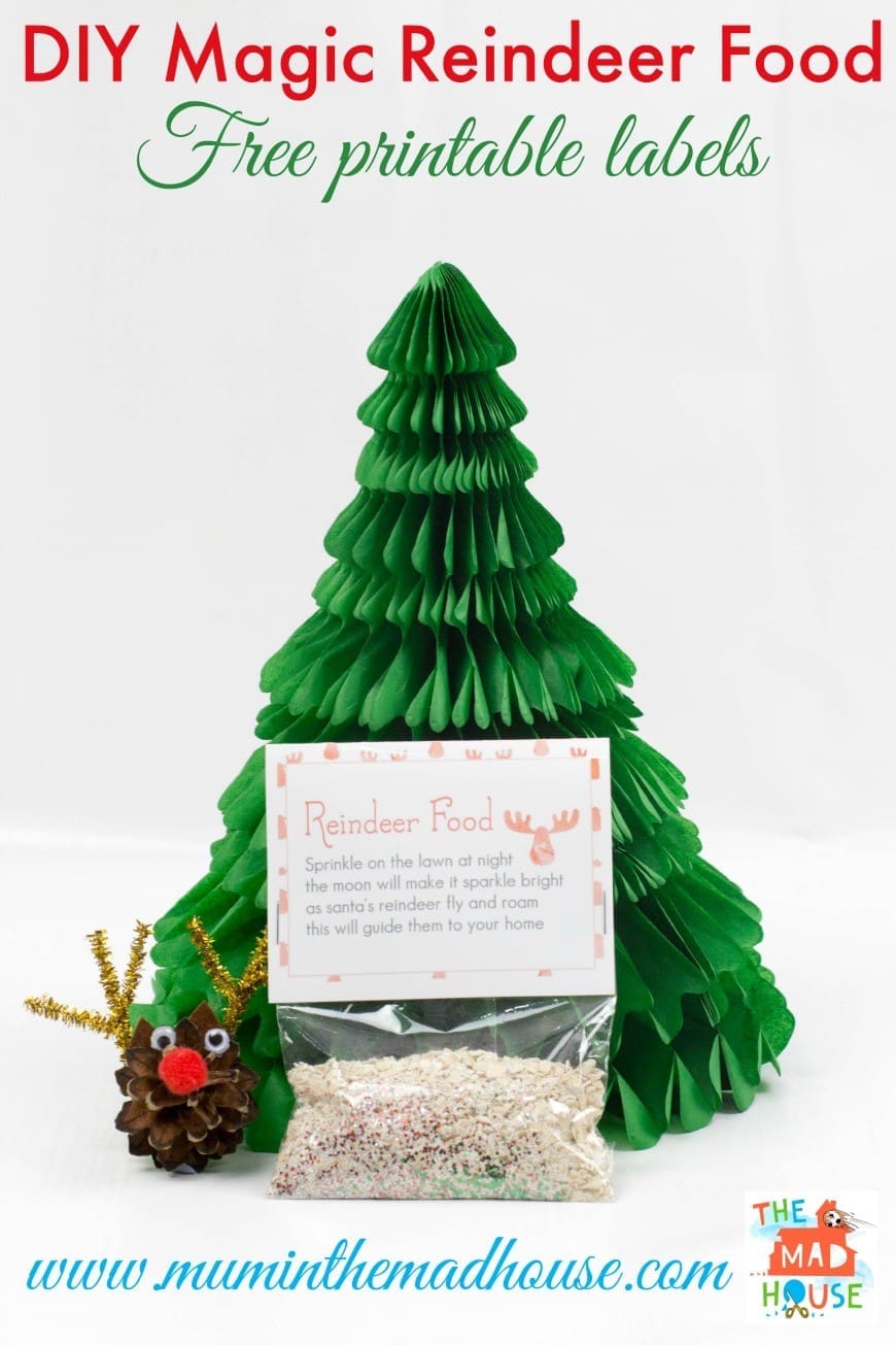 DIY Magic Reindeer Food. A super simple recipe for animal safe magic reindeer food and 10 free printable labels. Perfect for Christmas Eve hampers 