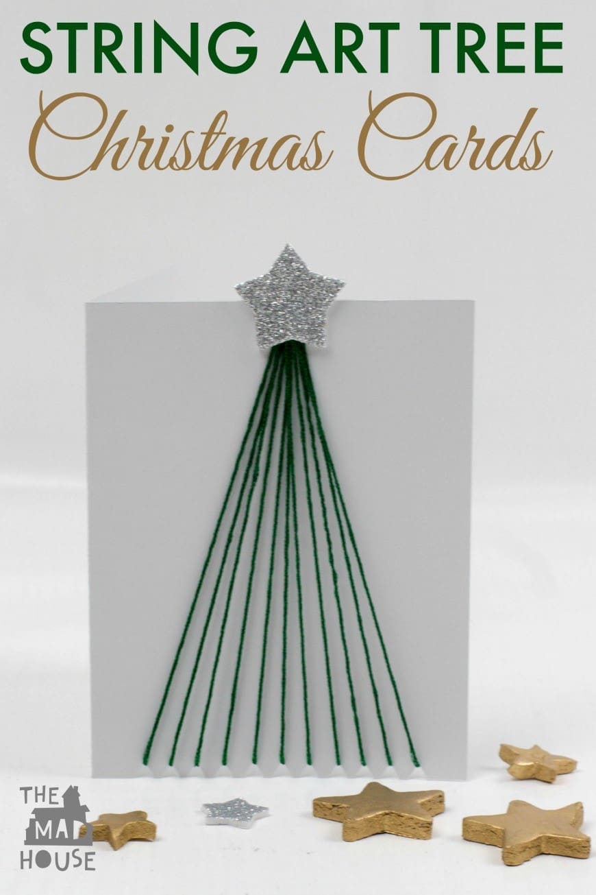 String Art Tree Christmas Cards.  These fine motor string art tree christmas cards are perfect for the scandi style that is around at the moment and a great festive kids craft