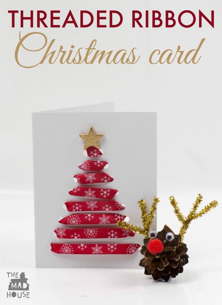 Threaded Ribbon Christmas Cards. These simple Christmas cards are perfect for children of all ages to make and perfect for working on fine motor skills too 