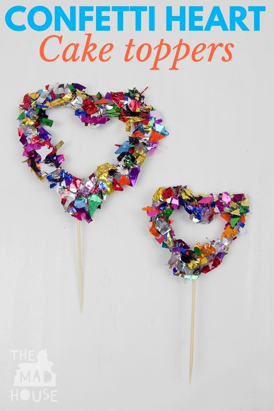 Hot Glue Gun Confetti Heart Cake Topper. This is a fab DIY craft to make a confetti heart, which is perfect as a cake topper for celebrations and if you only confetti one side they make a brilliant window cling. You could make any shape, letter, or number. You could even frame it as art instead of putting a toothpick in it as a cake topper