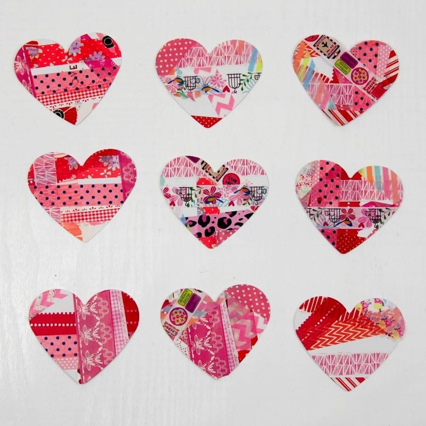 Washi Tape Hearts - Process Art for Preschoolers. This stunning kids craft is perfect for valentine's day, but it is also a great kids art activity and you can make a beautiful DIY heart garland with the upcycled artwork.