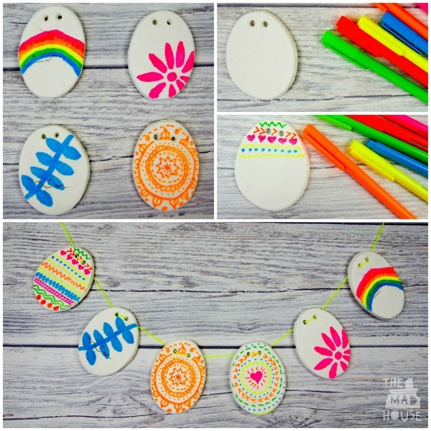 A DIY clay recipe and beautiful DIY Clay Easter bunting a great kids DIY craft for Easter.  This DIY clay recipe has only two ingredients and you can colour on it with markers and felt tips.  It has to be seen to be believed.