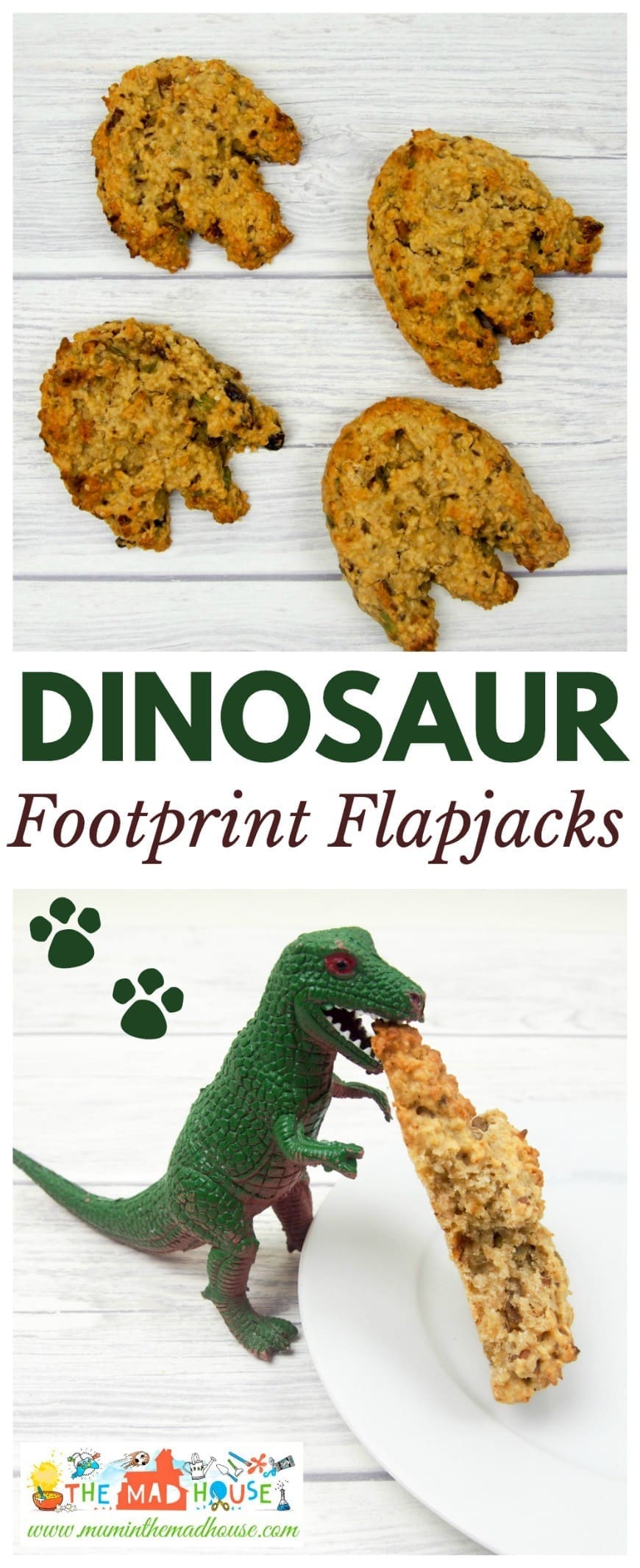 These delicious Dinosaur footprint loaded flapjacks are perfect for healthy breakfasts on the go and are full of nuts and dried fruits.  They are perfect for encouraging kids to eat new things and delicious too. 