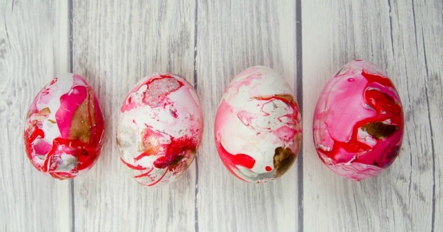 It is so easy to marble eggs with mail varnish.  You get an amazing effect and it is totally addictive, perfect for Easter.  Beware once you start marbling you will be doing it to everything including cups, vases and plates!  A super simple DIY craft that is perfect for tweens.