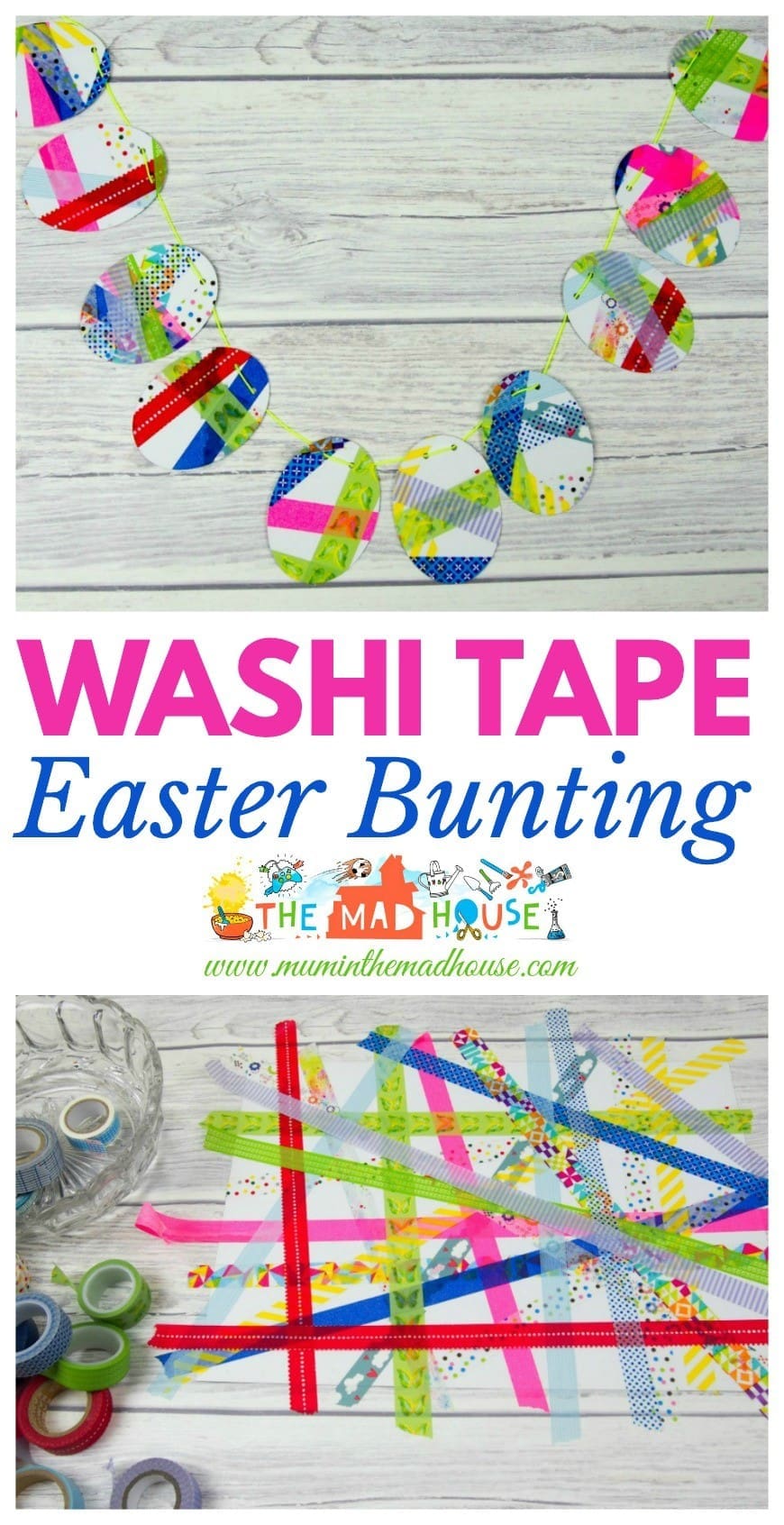 Washi Tape Easter Bunting.  This is a fab DIY craft that is perfect for kids to celebrate Easter and spring.  A simple children’s process art activity that makes a beautiful Easter Decoration.