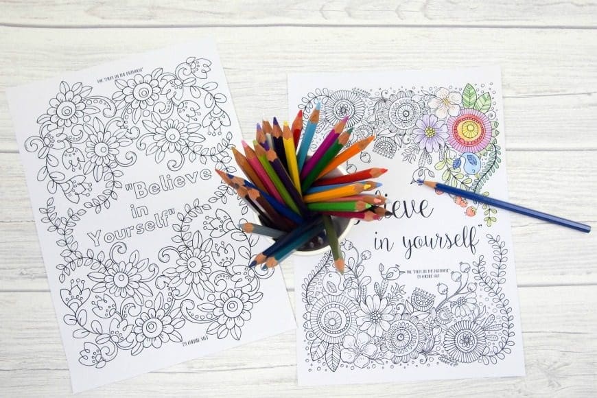 Believe in yourself adult colouring pages - three beautiful believe in yourself colouring pages. Each one is more intricate than the previous and is a wonderful inspirational colouring page perfect for adults and tweens. 