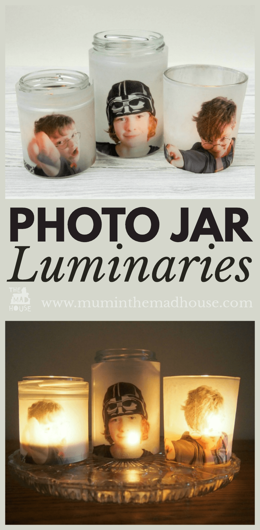 Upcycle glass jars into a stunning glowing photo jar luminaries. This beautiful photo luminaries glow when you add a candle and make the perfect gifts. What a fun DIY craft. 