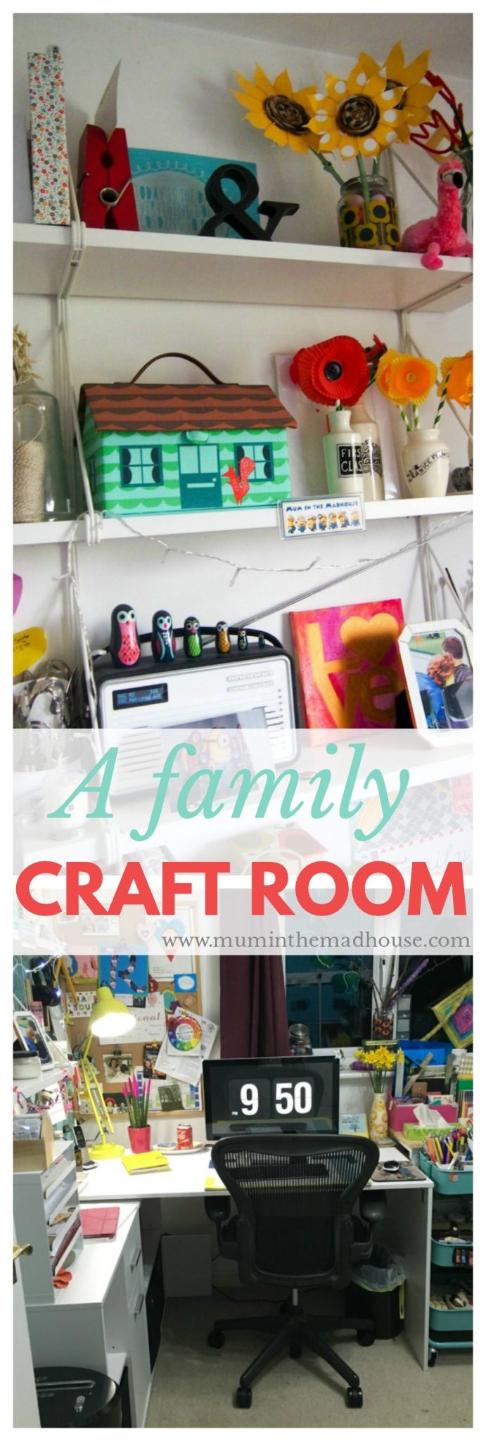 A family friendly office come craft room. This colourful perfect space for encouraging a creative family life in a digital age. This just goes to show that a small craft room can be both practical and beautiful. 