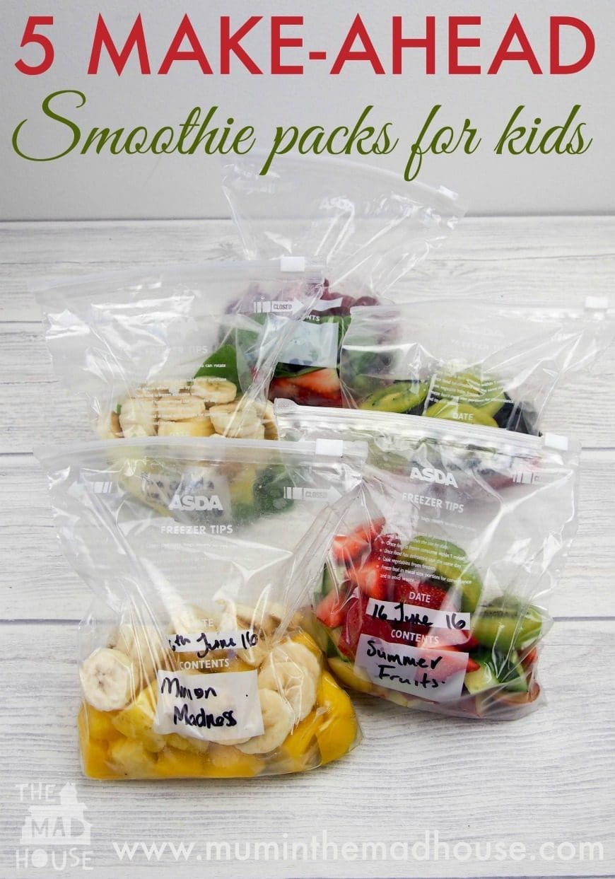 5 Make-ahead smoothie packs.  Save time and take the stress out of making smoothies with our make-ahead smoothie packs that are kid approved.  Family friendly smoothie recipes make having a heathy smoothy simple. 