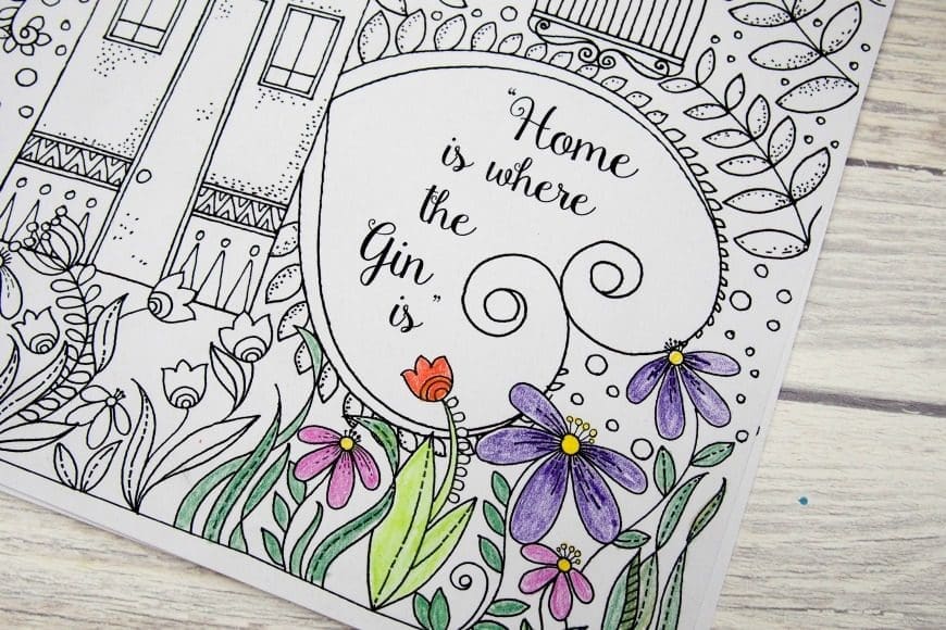 Free Irreverent Adult Colouring Page - Home is where the gin is