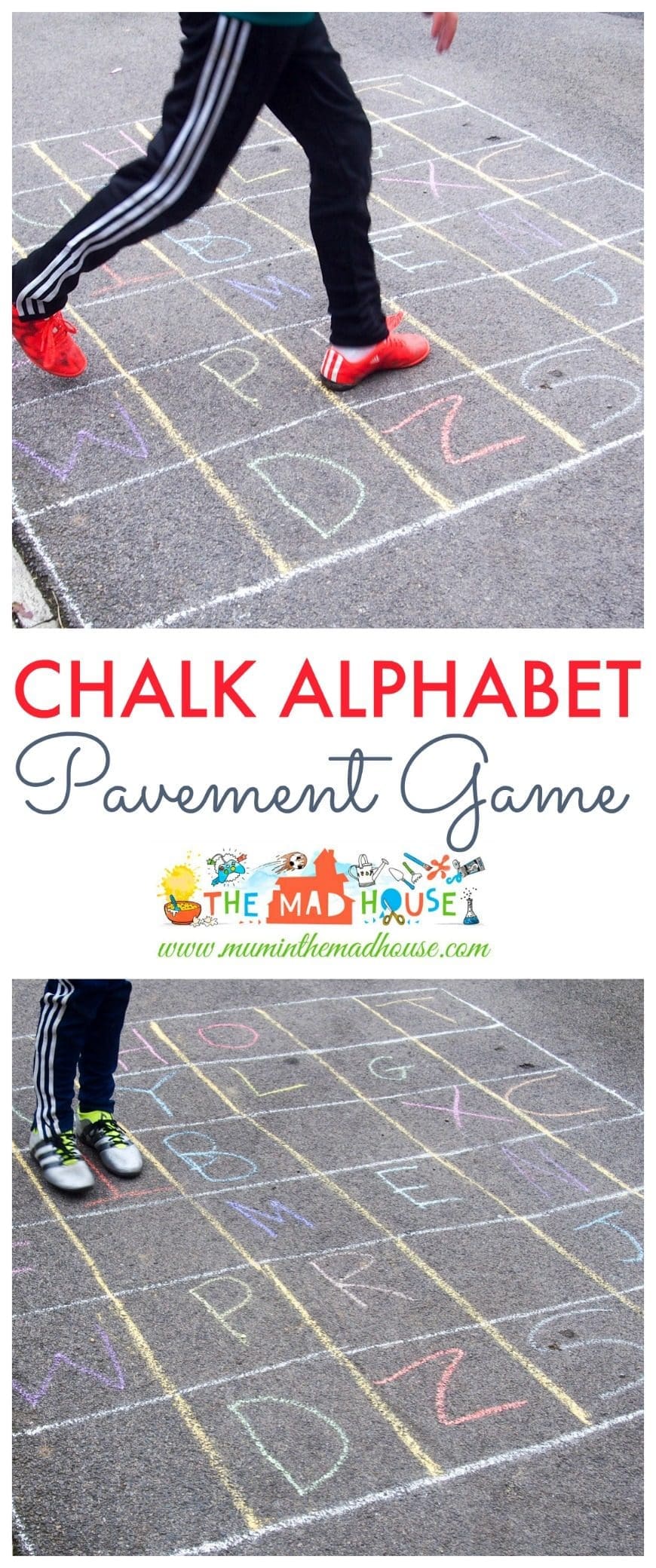 Chalk Alphabet pavement game. This outdoor game is perfect for helping children learn ABC's, spelling, and much more. We use it to make movie nights more memorable as a family fun activities. You can also play word twister, which is a hilarious family game. 