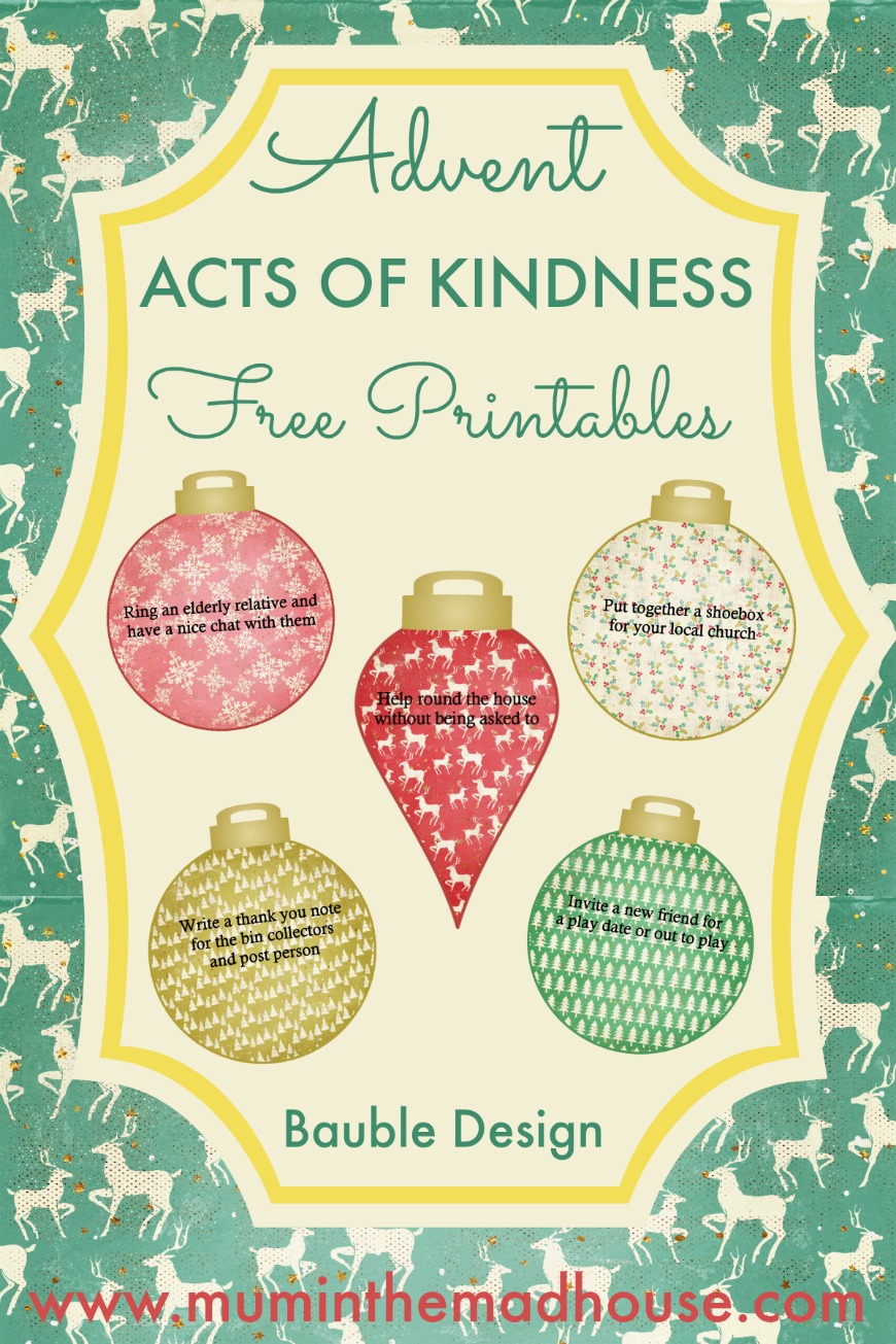Free Advent Acts of Kindness Printable - 2016 Design. Advent acts of kindness free printables in the shape of Christmas Baubles. These are perfect for printing and adding to advent calendars