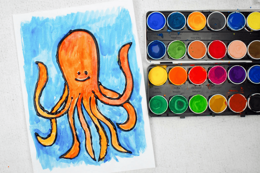 Octopus watercolour glue resist art