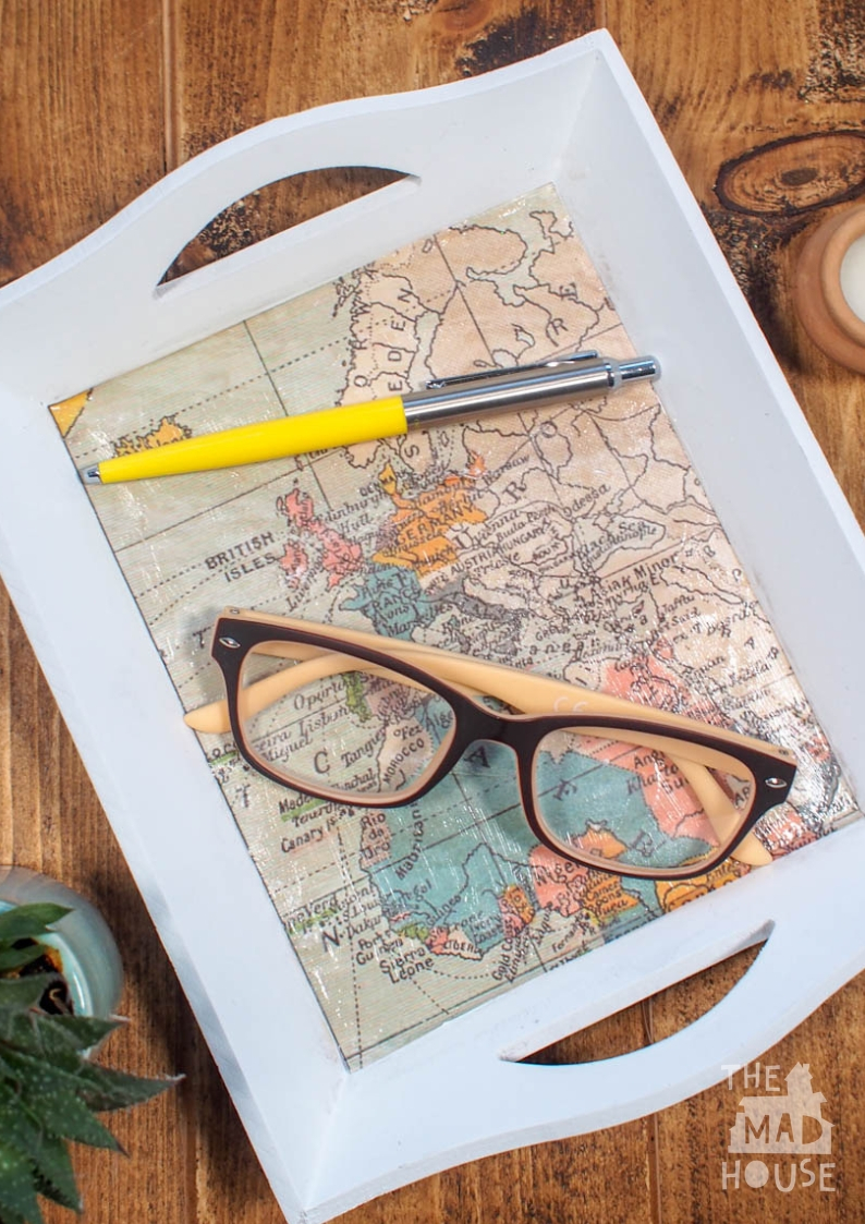 Turn a charity shop tray and a vintage map or print into a fabulous personalised Vintage Map tray perfect for any travel fan. 