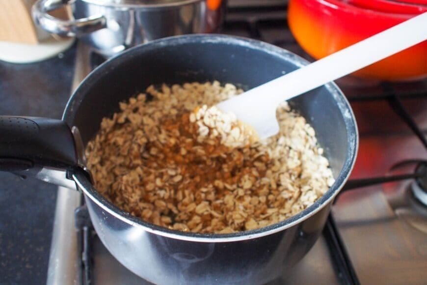 Flapjacks in pan with oats