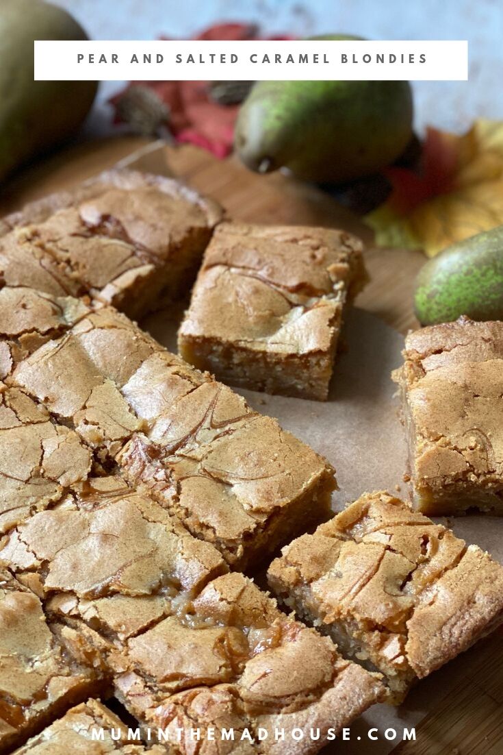 These moreish Pear and Salted Caramel Blondies are gooey, chewy, moist, and with the added pear I am sure they count as one of your five a day! 