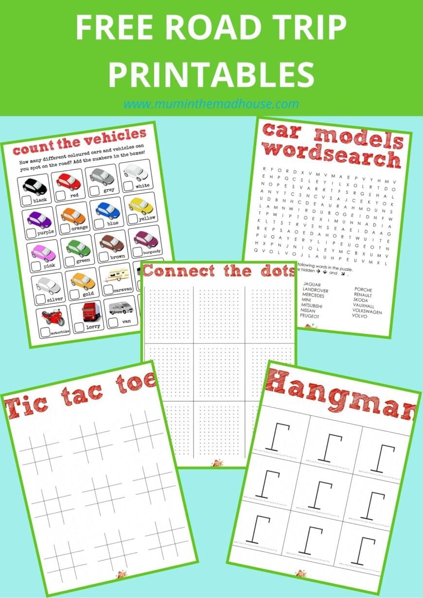 Printable road trip activity sheets and printable games for kids