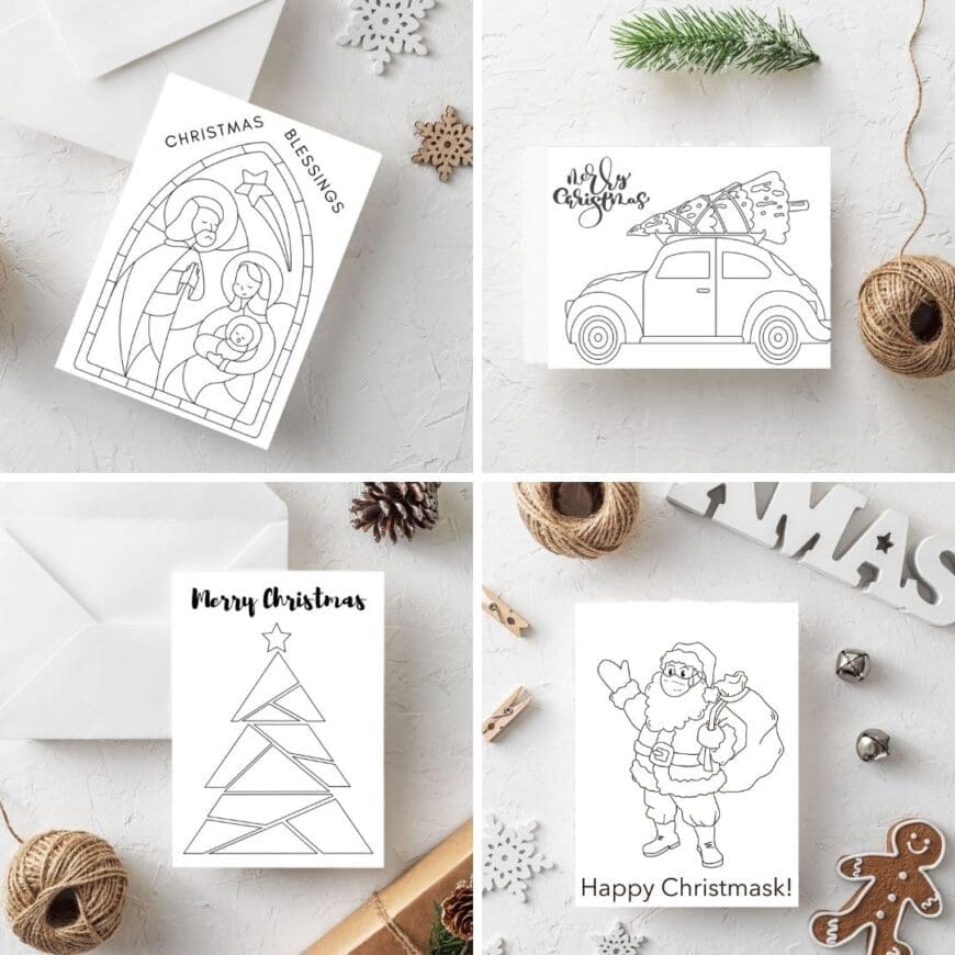 These free printable Templates for Kids Christmas Cards make a lovely, heartfelt holiday gift for family and friends. Includes 11 different designs including colouring cards and ones to stamp.