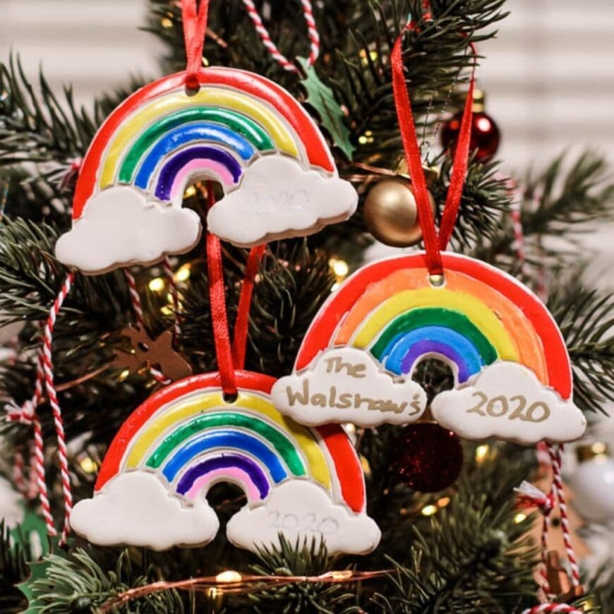 These colourful DIY Rainbow Clay Christmas Tree Decorations are the perfect homemade Christmas tree ornament perfect for air dry clay