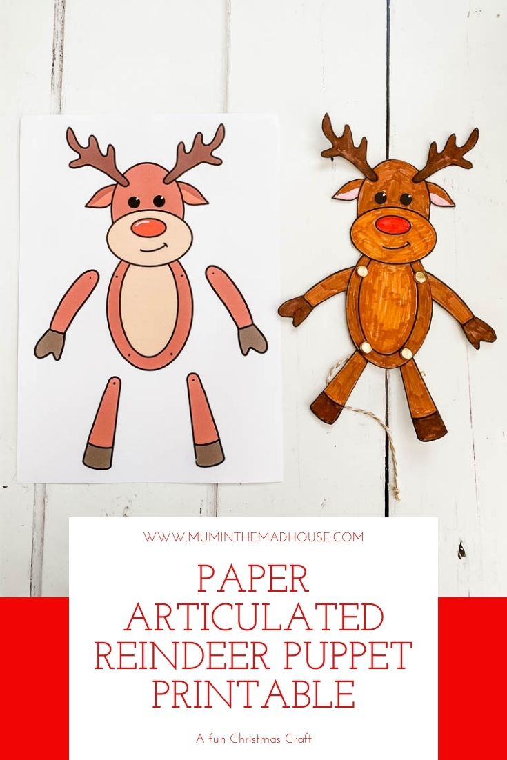 This fun paper articulated reindeer puppet printable comes ready for you to colour or already coloured. A fun festive craft for kids.