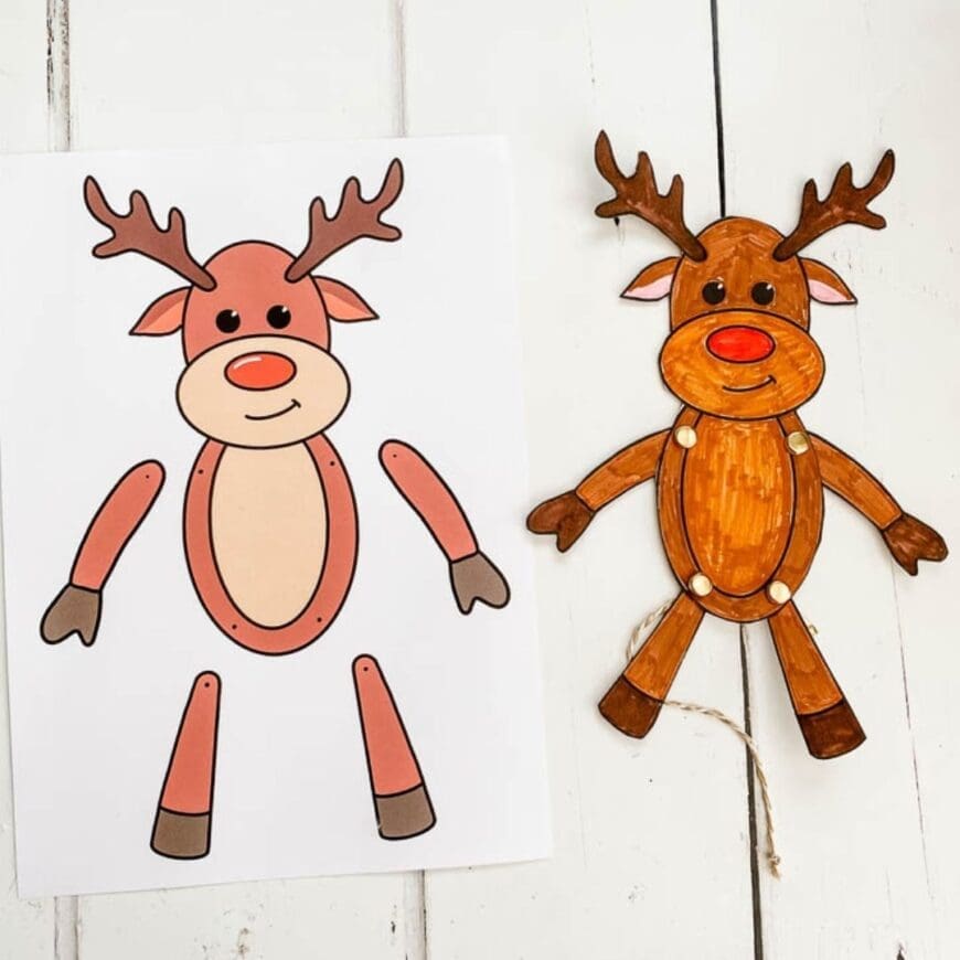 This fun paper articulated reindeer puppet printable comes ready for you to colour or already coloured. A fun festive craft for kids.