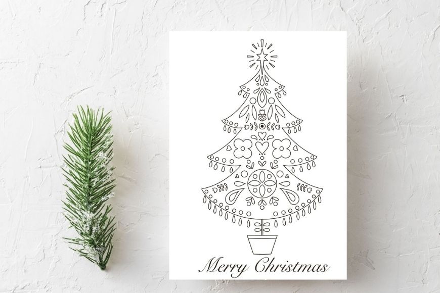 Merry Christmas - Tree Christmas  card to print and colour in