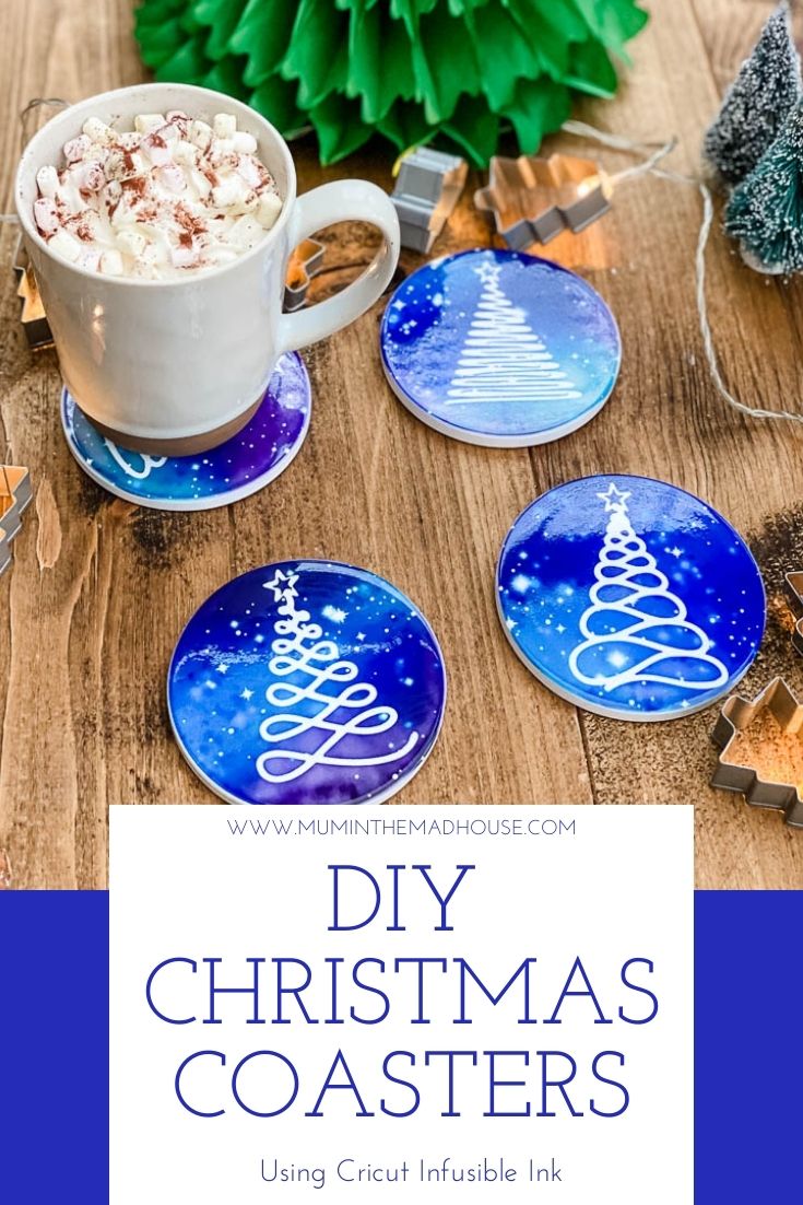 Stunning DIY Christmas Coasters using Cricut Infusible ink to create stunning and bright Christmas Tree silhouettes against a starry night sky.