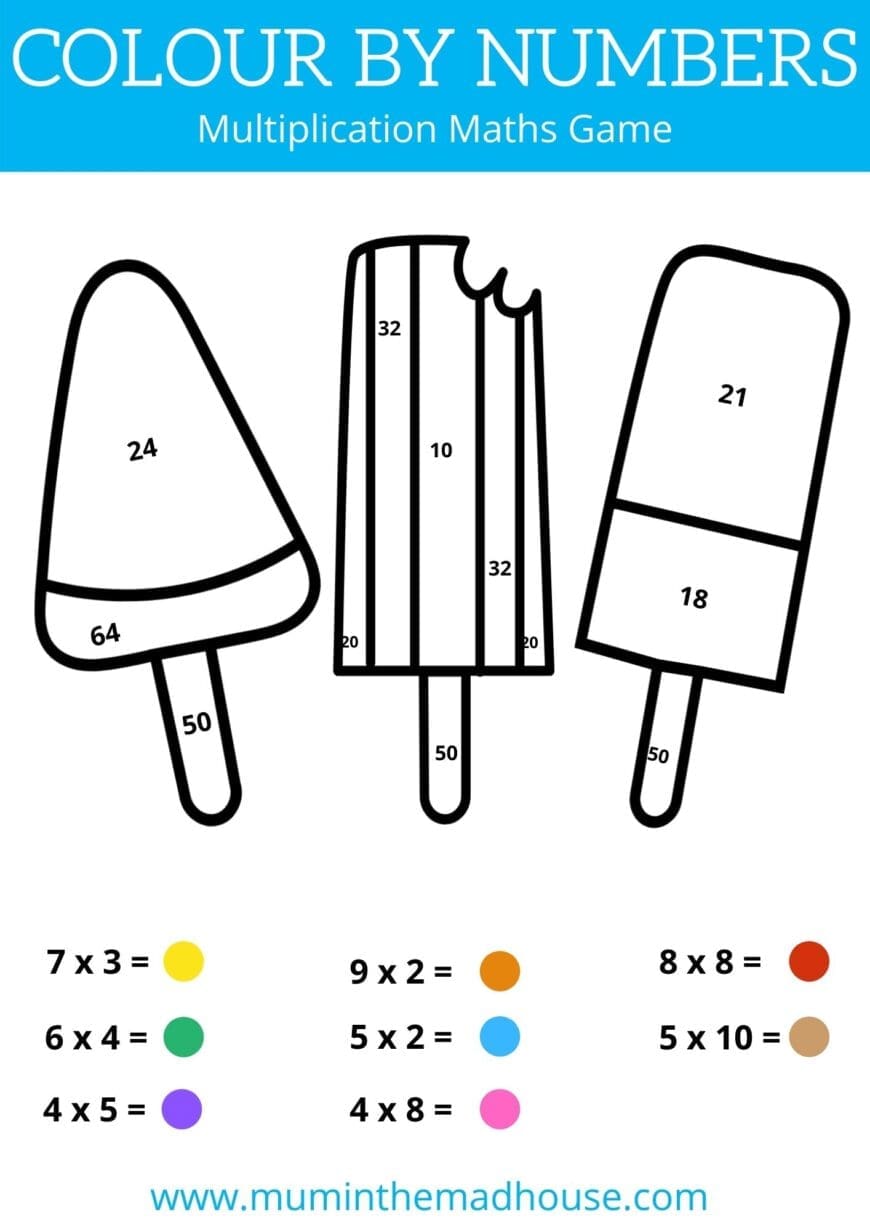 Free Colour by Number Printable Worksheets - Multiplication Maths game