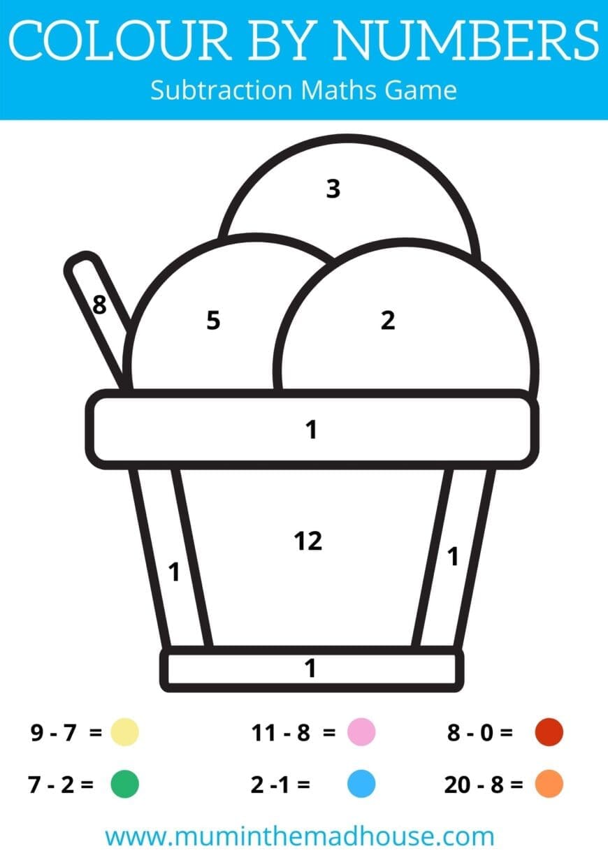 Free Colour by Number Printable Worksheets - Subtraction Maths Game