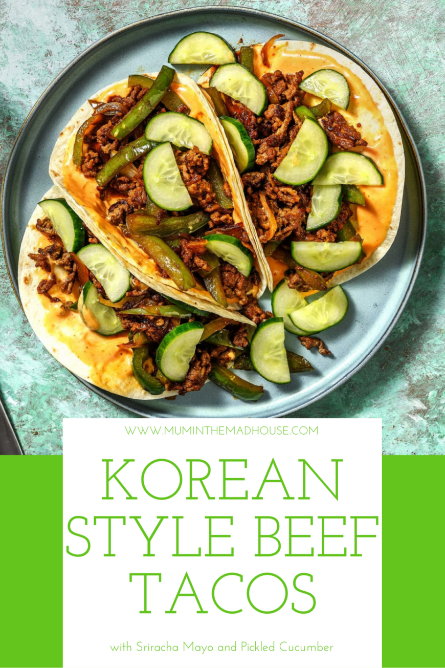The easiest and most delicious Korean style taco recipe with juicy, tender, sweet and savoury beef with Sriracha Mayo and Pickled Cucumber