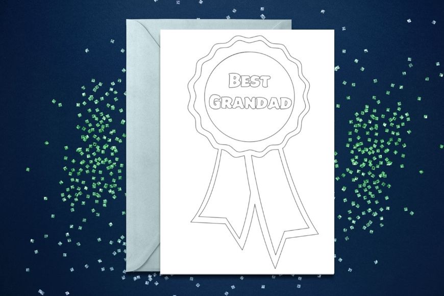 Card with a rosette and Best Grandad on in monochrome to colour in for Fathers Day 