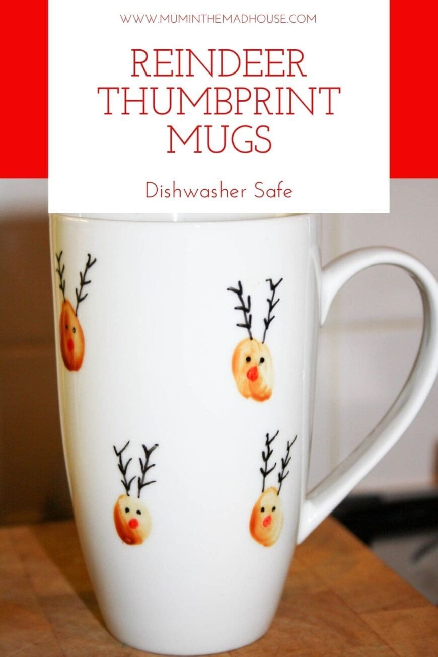 Try these fun and personalized Reindeer Thumbprint Ornaments and Dishwasher Safe Reindeer Thumbprint Mugs for the holidays. They are perfect for family gifts for grandparents.