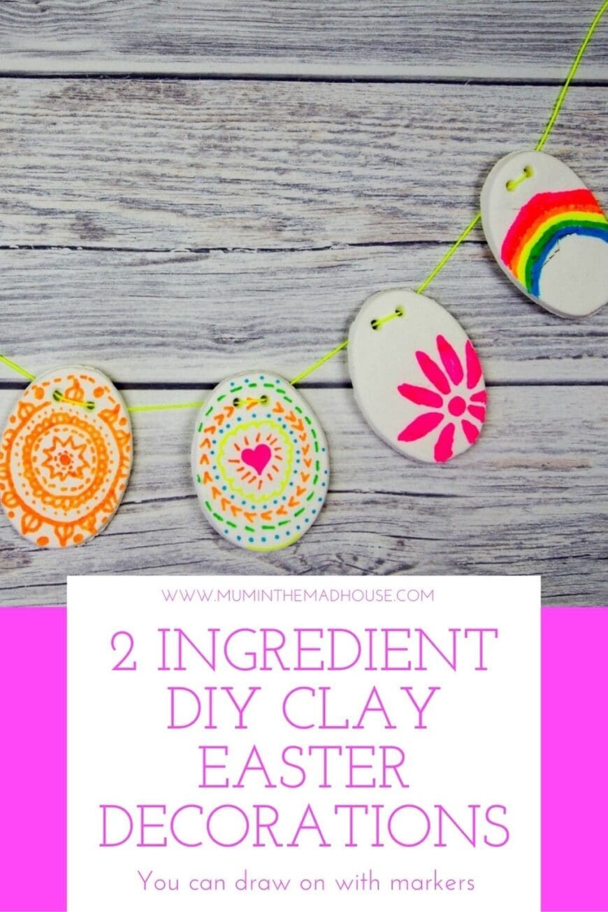 2 Ingredient homemade clay easter decorations which have been turned into a beautiful garland.  This clay requires no heat and you can draw directly on it.