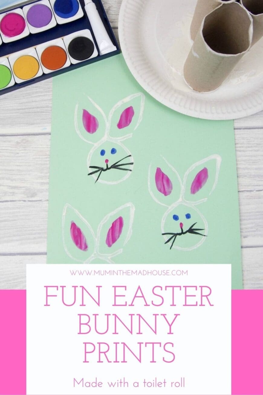 Easter bunny prints made with toilet paper rolls! All you need is a few toilet paper rolls, paint, paper, and a few other supplies to make these darling little bunnies.