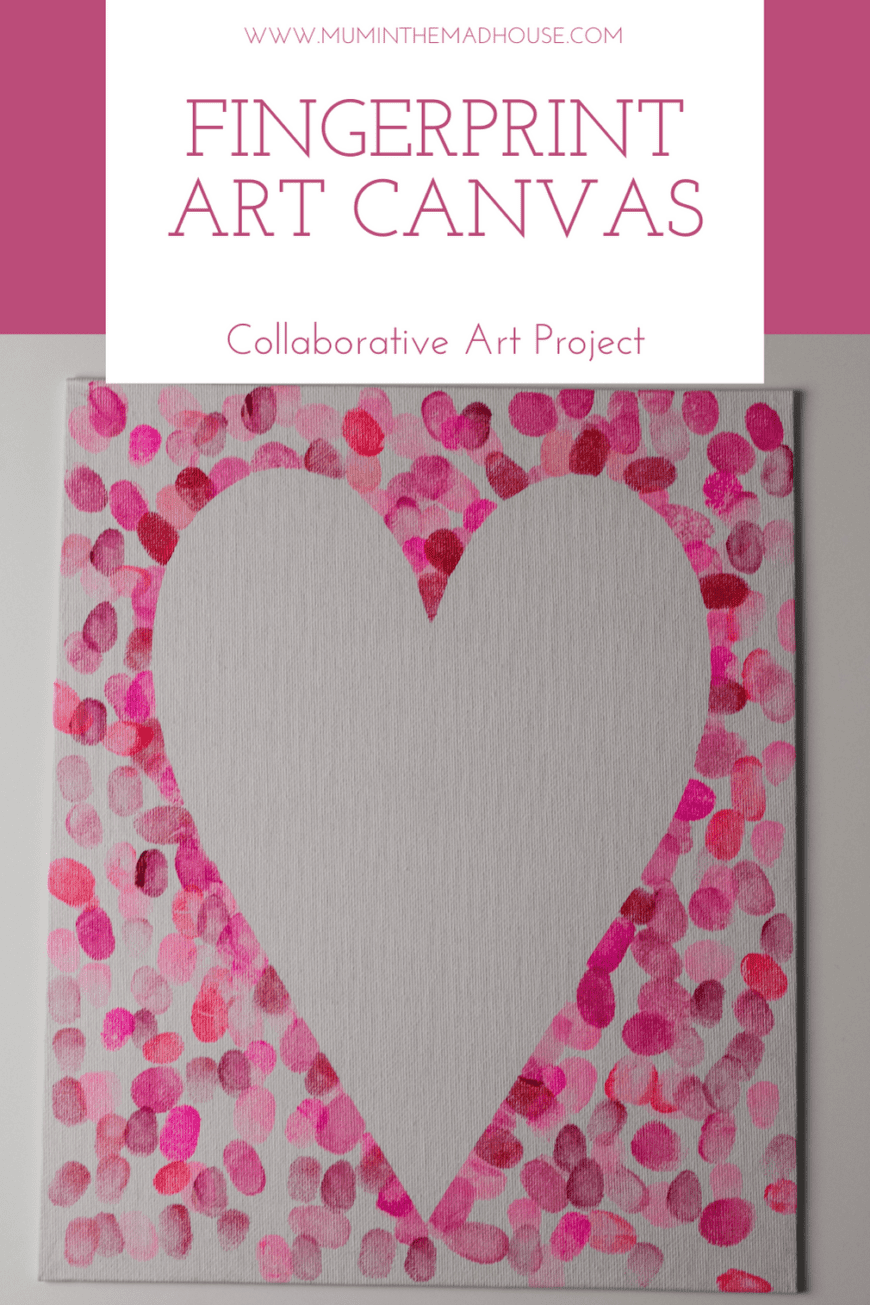 Need a good DIY Kid Art Idea? This fingerprint painting canvas project is fun and easy and gets everyone involved- and you can display it on a wall after Valentines Day as décor to enjoy forever!