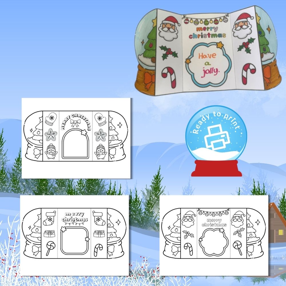 Free Snow Globe Folding Christmas Cards to Colour | Mum In The Madhouse